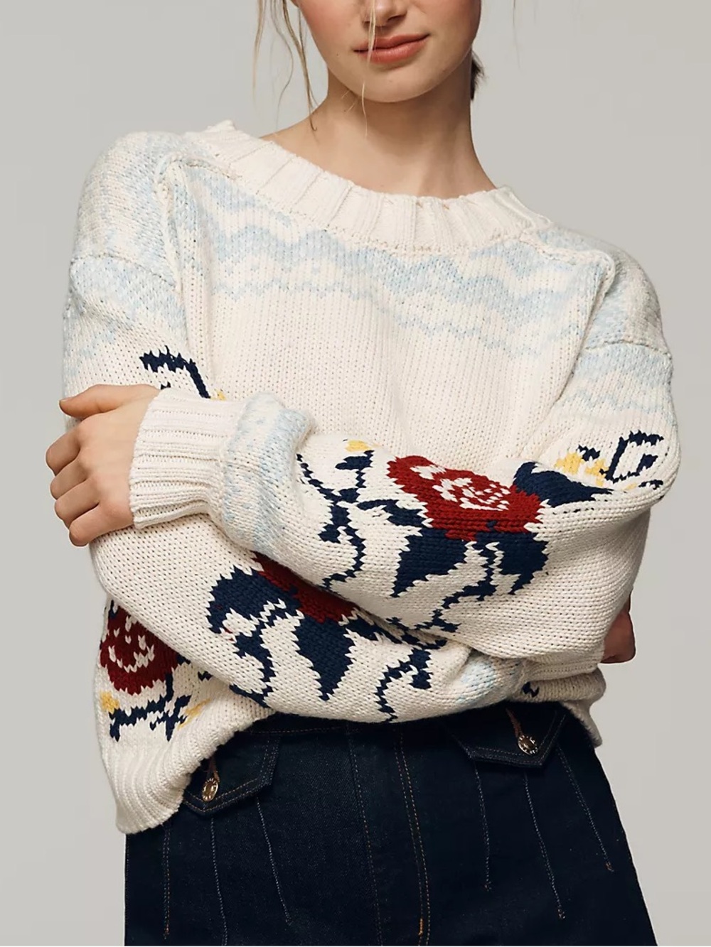 Anthropologie Maeve Cotton Long-Sleeve Boat-Neck Floral Fairisle Sweater NWT